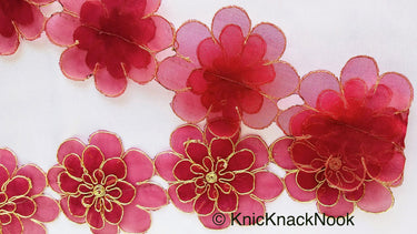 Blue / Pink / Red And Gold Layered Flowers, Cut work Tissue Trim, 3-D Flower Trim